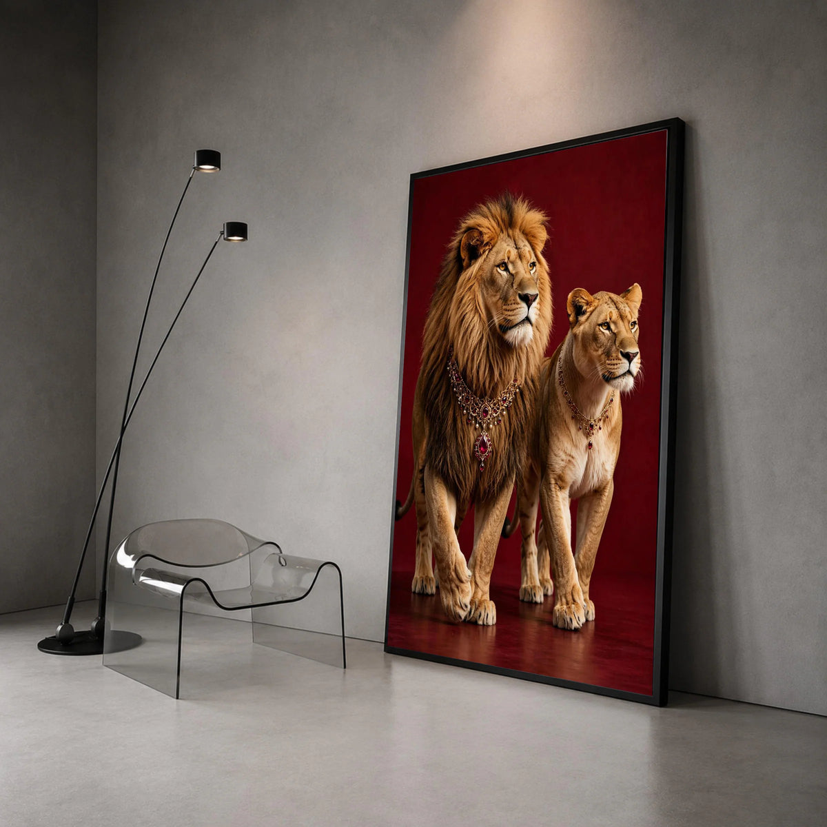 Regal Lion and Lioness Portrait Canvas, Royal Animal Wall Art, Majestic Wildlife Canvas, Elegant Home Decoration, Rich Red Canvas Print Art