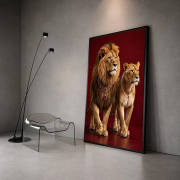 Regal Lion and Lioness Portrait Canvas, Royal Animal Wall Art, Majestic Wildlife Canvas, Elegant Home Decoration, Rich Red Canvas Print Art