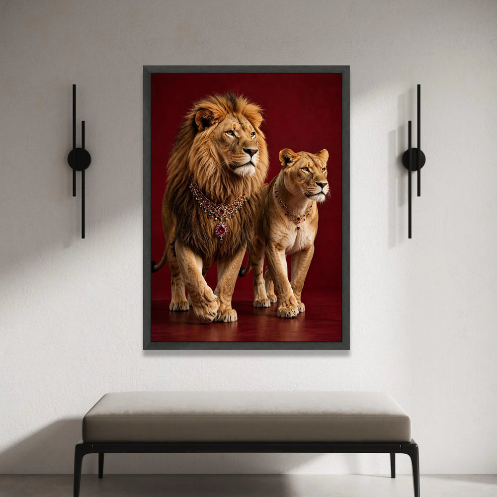Regal Lion and Lioness Portrait Canvas, Royal Animal Wall Art, Majestic Wildlife Canvas, Elegant Home Decoration, Rich Red Canvas Print Art