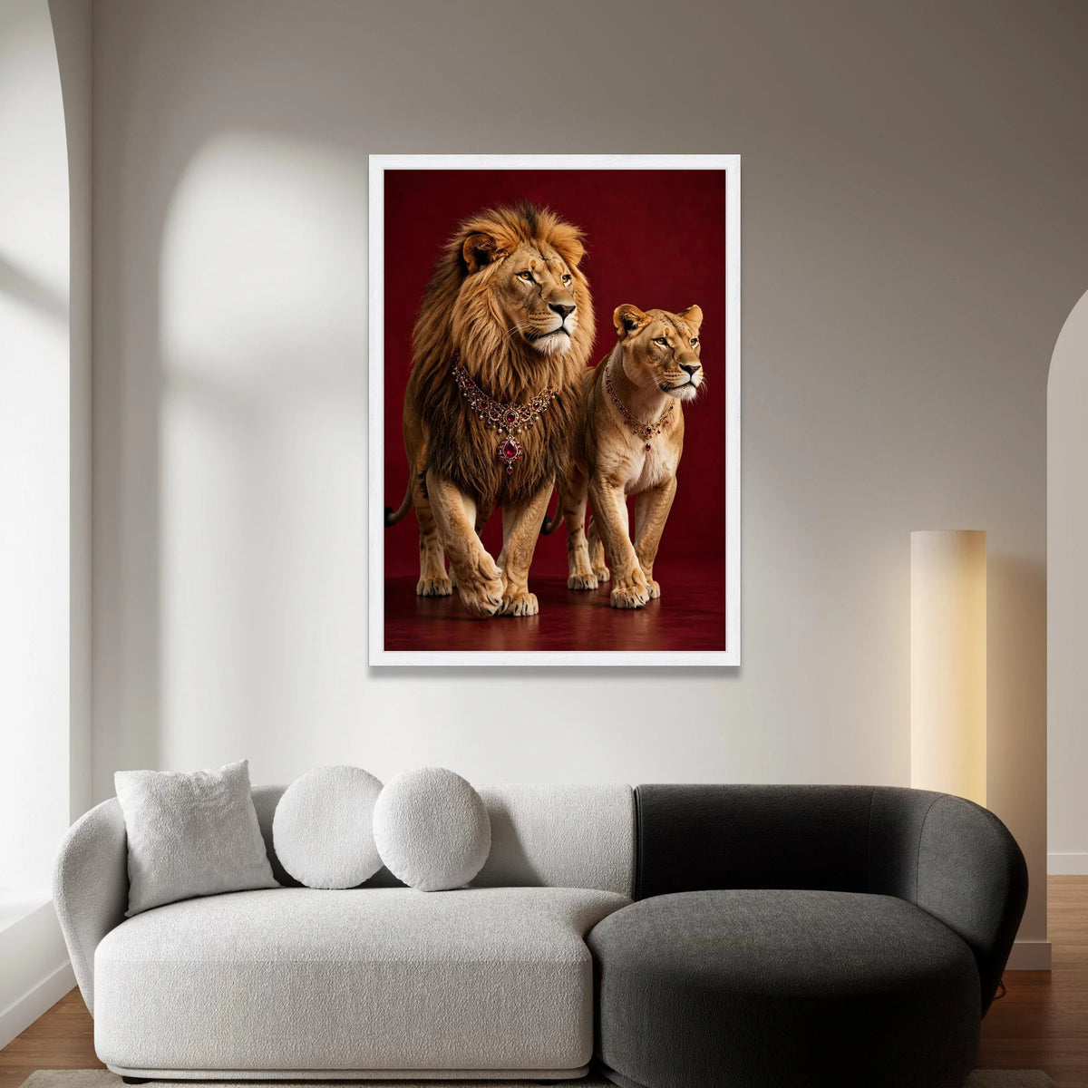 Regal Lion and Lioness Portrait Canvas, Royal Animal Wall Art, Majestic Wildlife Canvas, Elegant Home Decoration, Rich Red Canvas Print Art