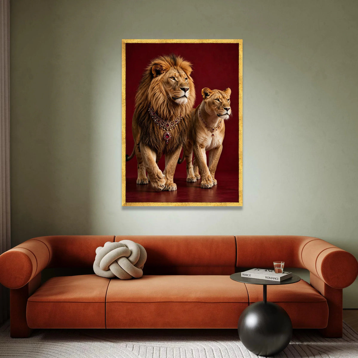 Regal Lion and Lioness Portrait Canvas, Royal Animal Wall Art, Majestic Wildlife Canvas, Elegant Home Decoration, Rich Red Canvas Print Art