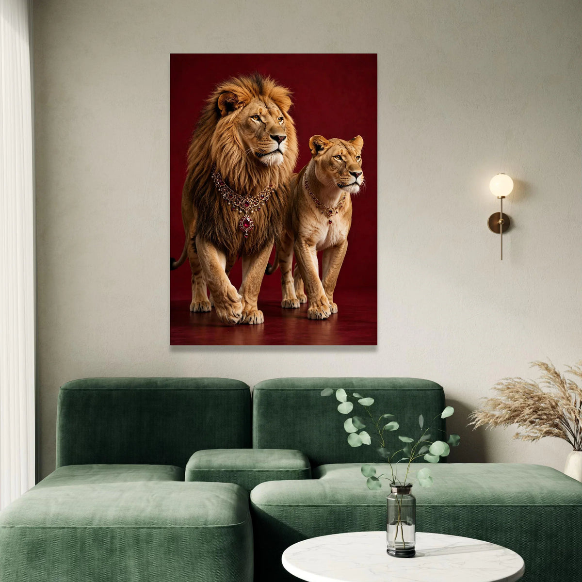 Regal Lion and Lioness Portrait Canvas, Royal Animal Wall Art, Majestic Wildlife Canvas, Elegant Home Decoration, Rich Red Canvas Print Art