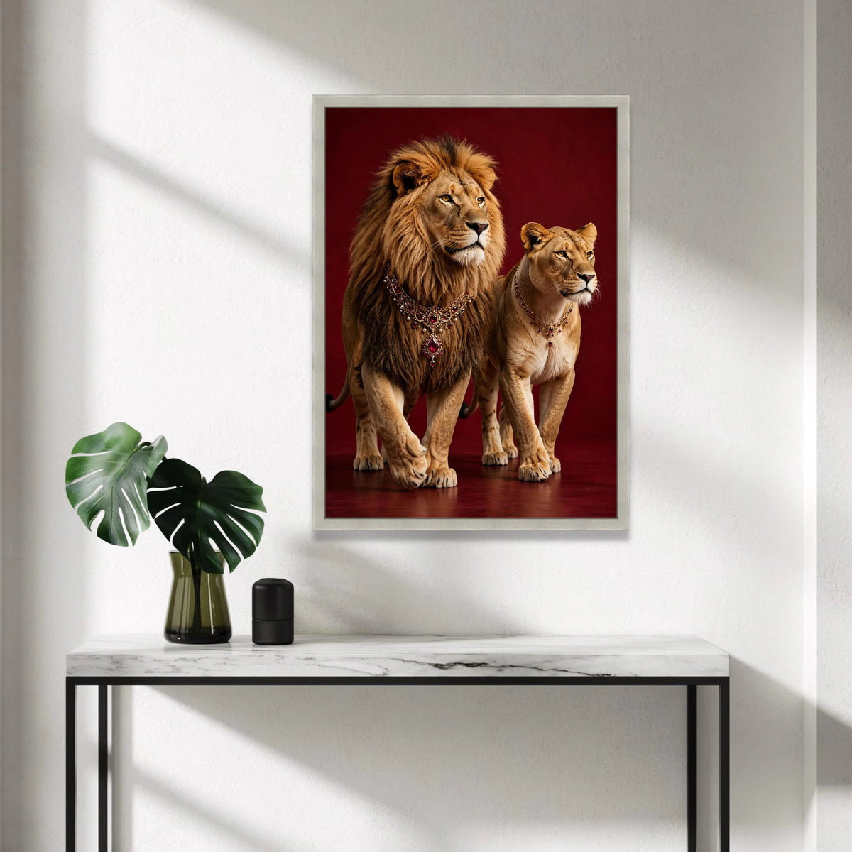 Regal Lion and Lioness Portrait Canvas, Royal Animal Wall Art, Majestic Wildlife Canvas, Elegant Home Decoration, Rich Red Canvas Print Art