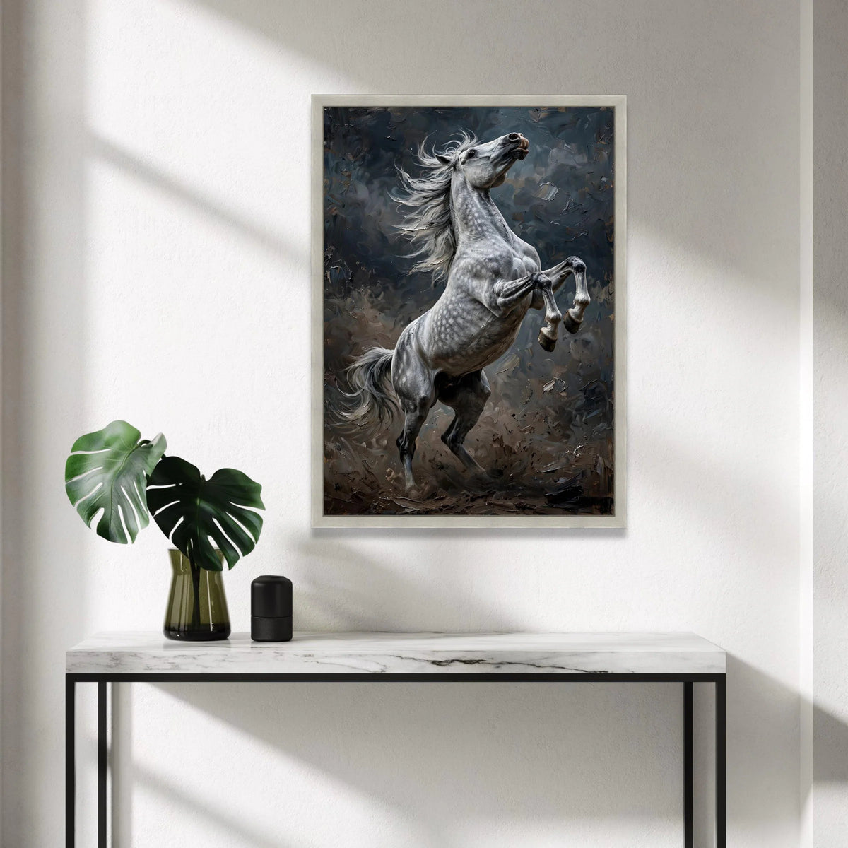 Majestic White Horse Rearing Canvas, Powerful Equine Wall Art, Dynamic Animal Print, Elegant Horse Home Decor, Ready to Canvas Print Art