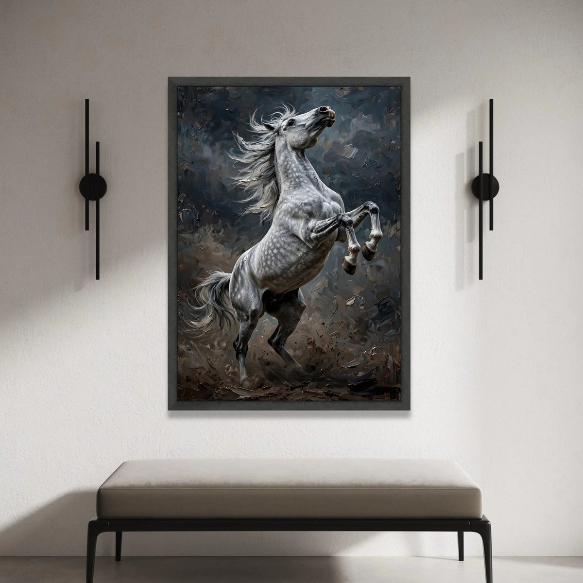 Majestic White Horse Rearing Canvas, Powerful Equine Wall Art, Dynamic Animal Print, Elegant Horse Home Decor, Ready to Canvas Print Art