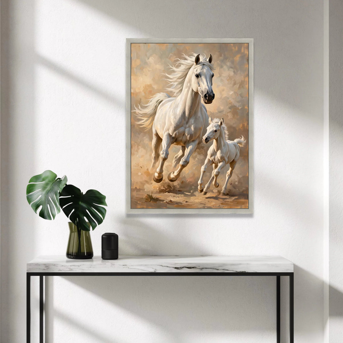 Majestic White Horses Running Canvas, Mother and Foal Wall Art, Equine Animal Painting, Rustic Nature Home Decor, Ready to Canvas Print Art