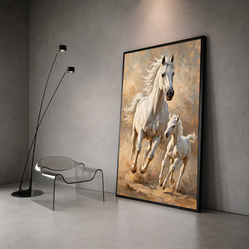 Majestic White Horses Running Canvas, Mother and Foal Wall Art, Equine Animal Painting, Rustic Nature Home Decor, Ready to Canvas Print Art