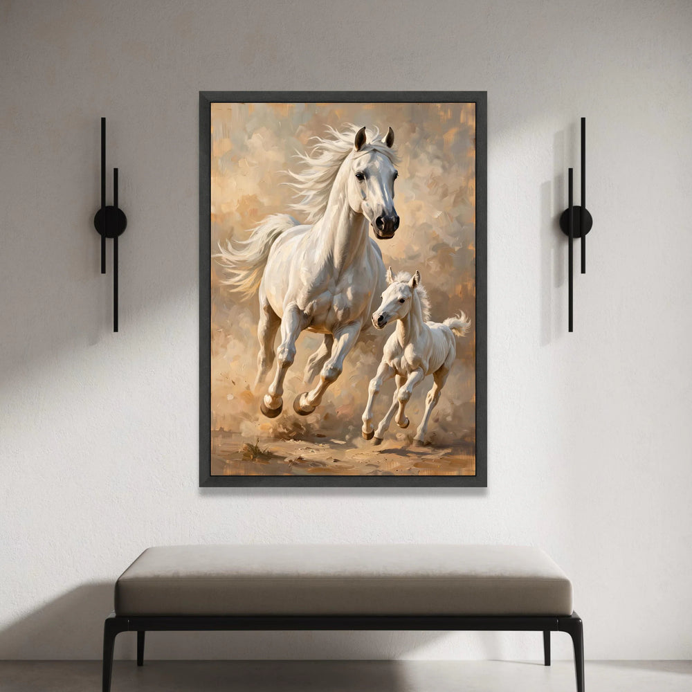 Majestic White Horses Running Canvas, Mother and Foal Wall Art, Equine Animal Painting, Rustic Nature Home Decor, Ready to Canvas Print Art