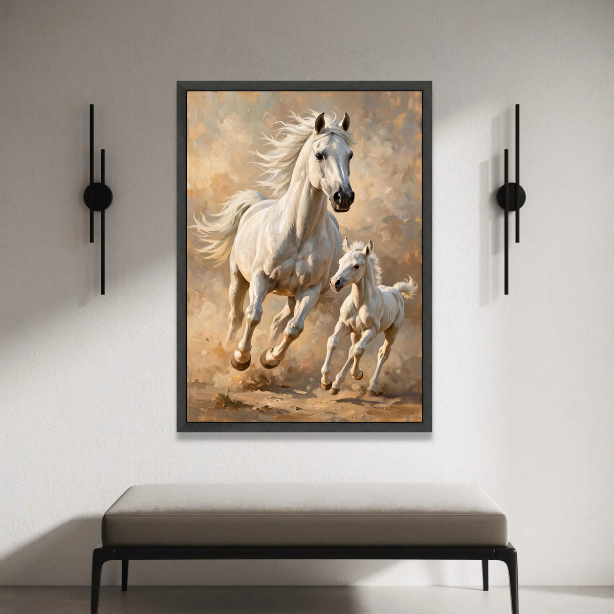 Majestic White Horses Running Canvas, Mother and Foal Wall Art, Equine Animal Painting, Rustic Nature Home Decor, Ready to Canvas Print Art
