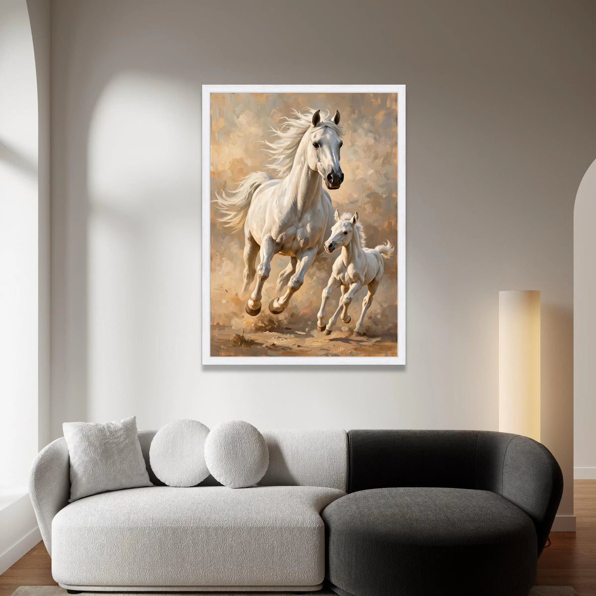 Majestic White Horses Running Canvas, Mother and Foal Wall Art, Equine Animal Painting, Rustic Nature Home Decor, Ready to Canvas Print Art