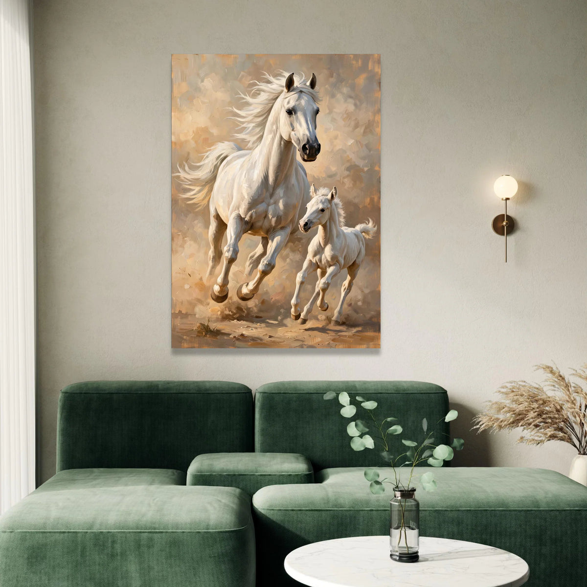 Majestic White Horses Running Canvas, Mother and Foal Wall Art, Equine Animal Painting, Rustic Nature Home Decor, Ready to Canvas Print Art