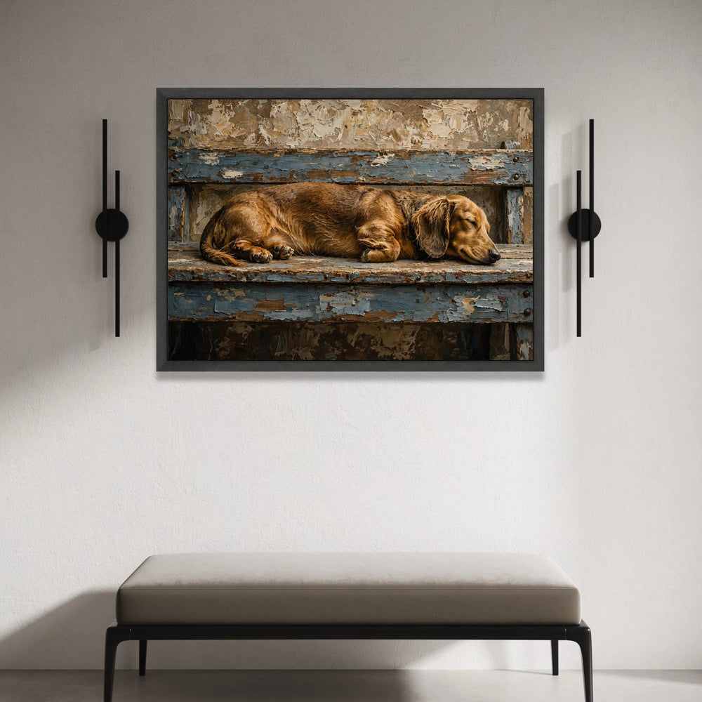 Sleeping Dachshund Dog Canvas Wall Art, Rustic Wood Bench, Vintage Home Decoration, Cozy Pet Canvas Print, Relaxing Animal Canvas Print Art