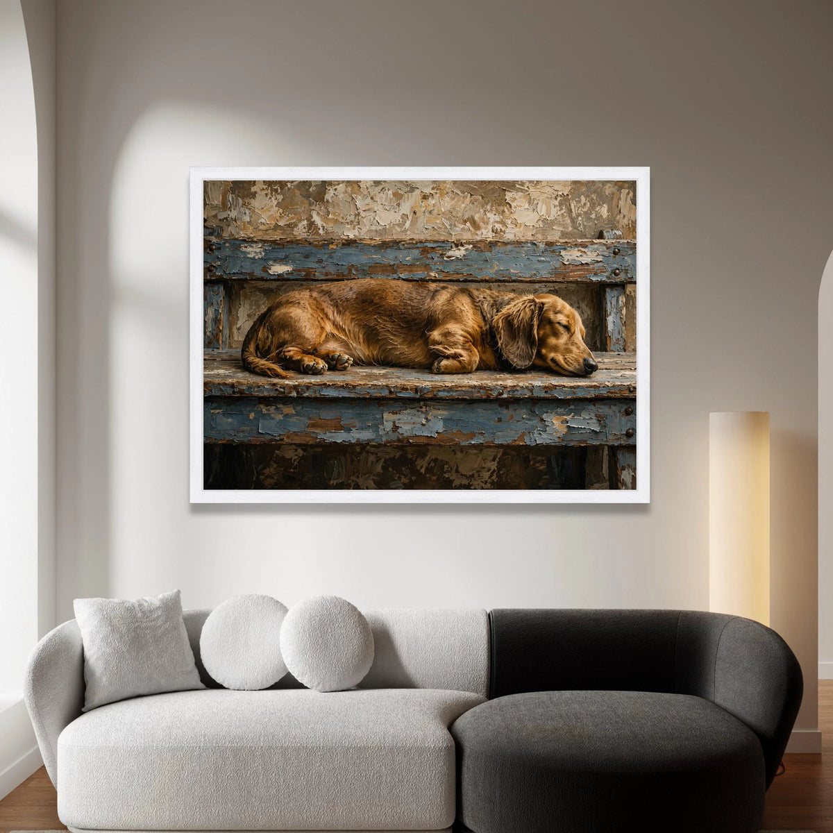 Sleeping Dachshund Dog Canvas Wall Art, Rustic Wood Bench, Vintage Home Decoration, Cozy Pet Canvas Print, Relaxing Animal Canvas Print Art