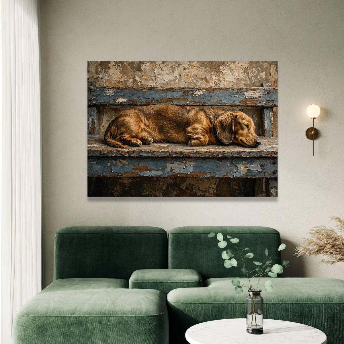 Sleeping Dachshund Dog Canvas Wall Art, Rustic Wood Bench, Vintage Home Decoration, Cozy Pet Canvas Print, Relaxing Animal Canvas Print Art