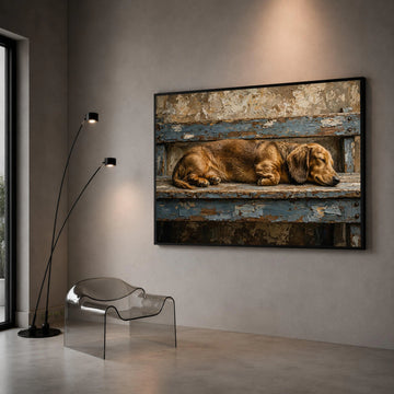 Sleeping Dachshund Dog Canvas Wall Art, Rustic Wood Bench, Vintage Home Decoration, Cozy Pet Canvas Print, Relaxing Animal Canvas Print Art