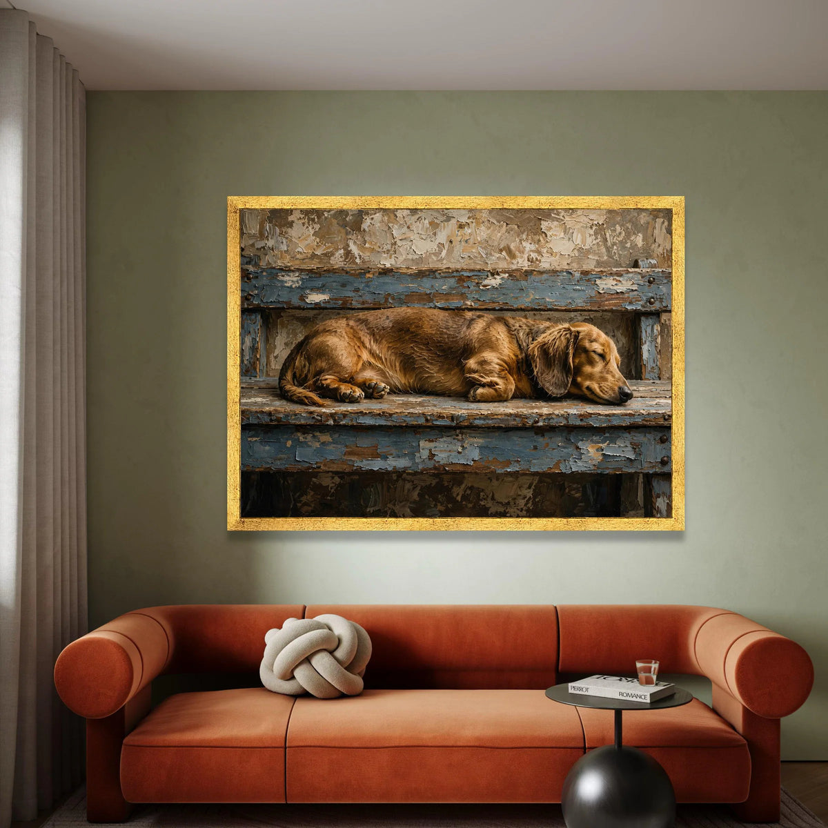 Sleeping Dachshund Dog Canvas Wall Art, Rustic Wood Bench, Vintage Home Decoration, Cozy Pet Canvas Print, Relaxing Animal Canvas Print Art