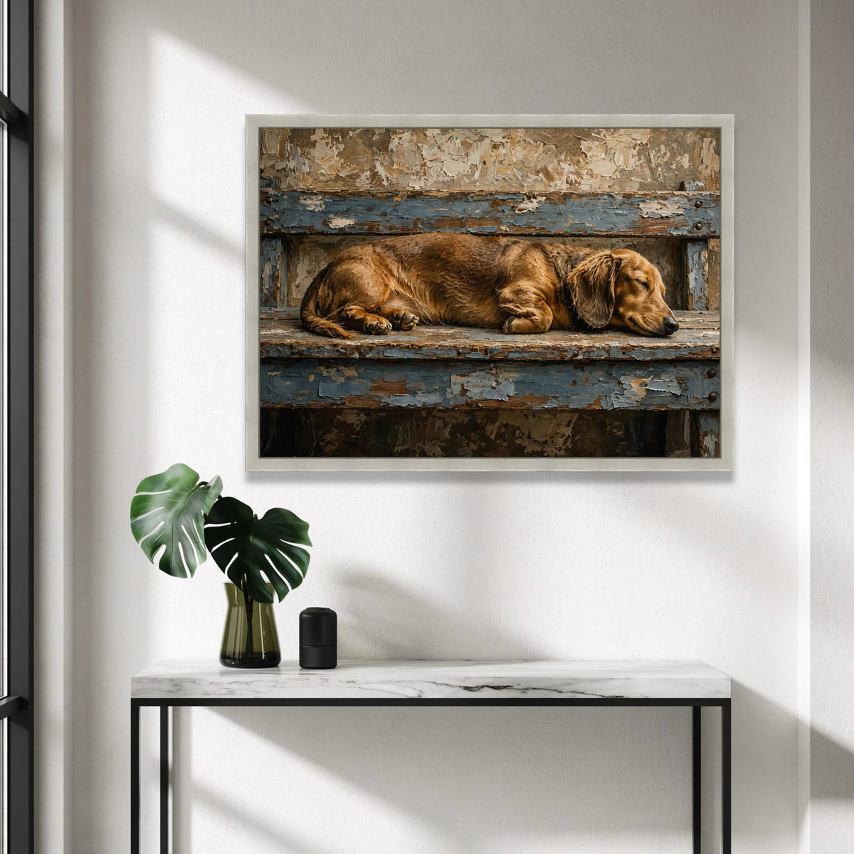 Sleeping Dachshund Dog Canvas Wall Art, Rustic Wood Bench, Vintage Home Decoration, Cozy Pet Canvas Print, Relaxing Animal Canvas Print Art