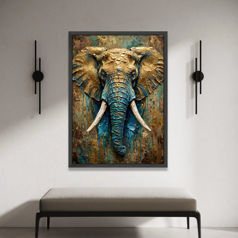 Majestic Elephant Portrait Canvas, Blue and Gold Wildlife Wall Art, Large Animal Canvas Decoration, Safari Home Accent, Canvas Print Art