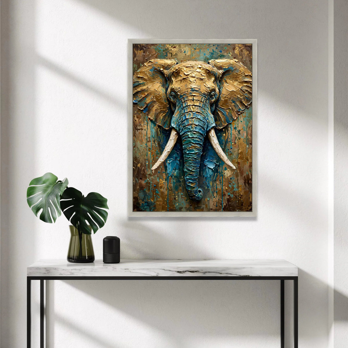 Majestic Elephant Portrait Canvas, Blue and Gold Wildlife Wall Art, Large Animal Canvas Decoration, Safari Home Accent, Canvas Print Art