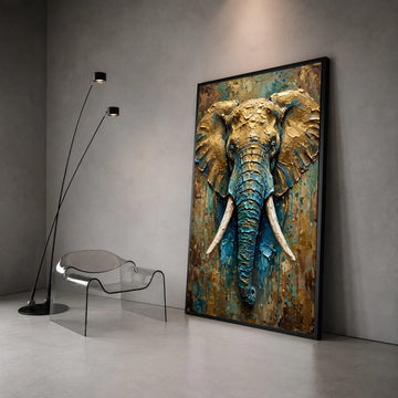 Majestic Elephant Portrait Canvas, Blue and Gold Wildlife Wall Art, Large Animal Canvas Decoration, Safari Home Accent, Canvas Print Art