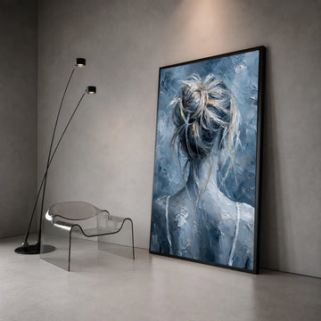 Abstract Woman with Messy Bun Canvas, Blue Gray Hair Art, Modern Female Portrait Canvas, Contemporary Wall Decor, Artistic Canvas Print Art