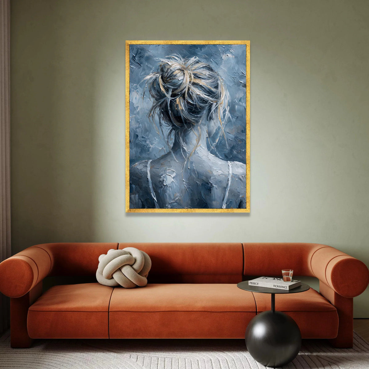 Abstract Woman with Messy Bun Canvas, Blue Gray Hair Art, Modern Female Portrait Canvas, Contemporary Wall Decor, Artistic Canvas Print Art