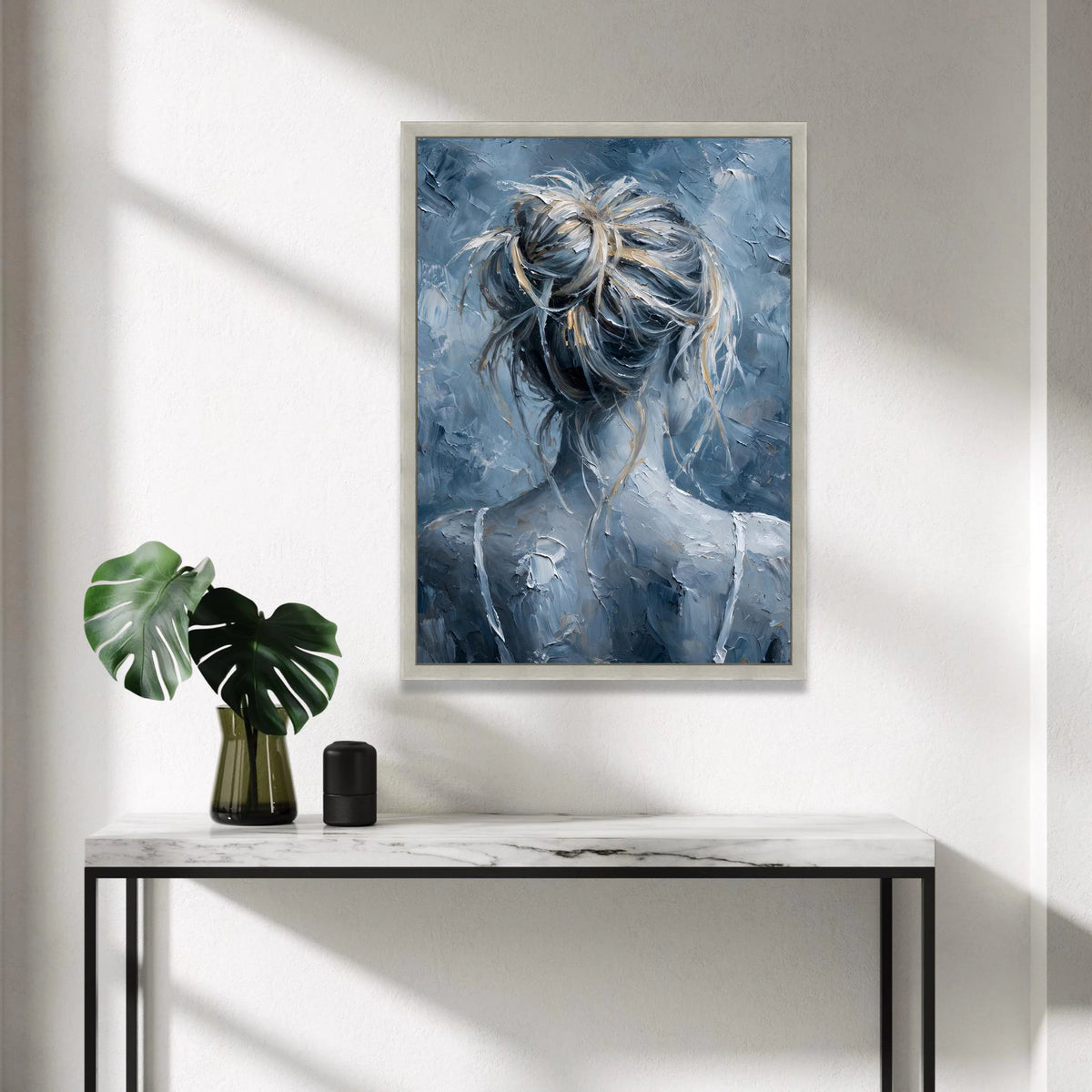 Abstract Woman with Messy Bun Canvas, Blue Gray Hair Art, Modern Female Portrait Canvas, Contemporary Wall Decor, Artistic Canvas Print Art