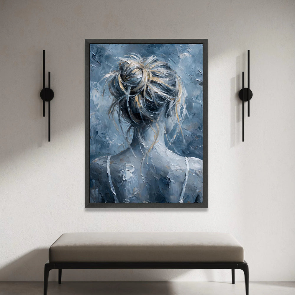 Abstract Woman with Messy Bun Canvas, Blue Gray Hair Art, Modern Female Portrait Canvas, Contemporary Wall Decor, Artistic Canvas Print Art