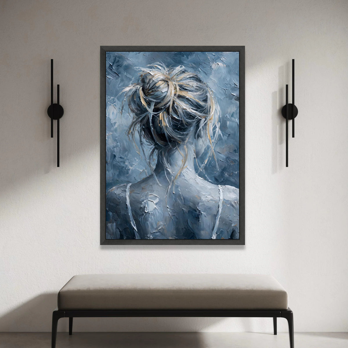 Abstract Woman with Messy Bun Canvas, Blue Gray Hair Art, Modern Female Portrait Canvas, Contemporary Wall Decor, Artistic Canvas Print Art