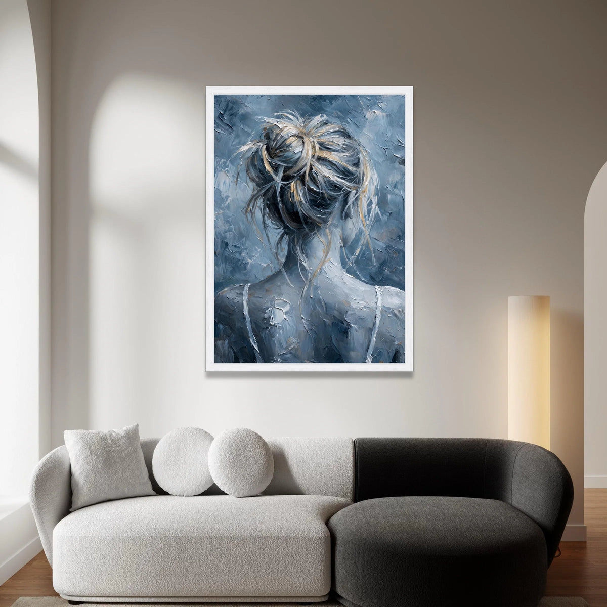 Abstract Woman with Messy Bun Canvas, Blue Gray Hair Art, Modern Female Portrait Canvas, Contemporary Wall Decor, Artistic Canvas Print Art