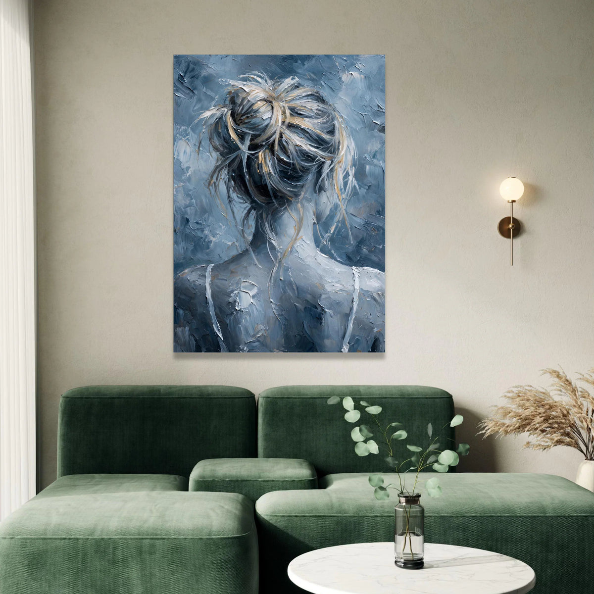Abstract Woman with Messy Bun Canvas, Blue Gray Hair Art, Modern Female Portrait Canvas, Contemporary Wall Decor, Artistic Canvas Print Art
