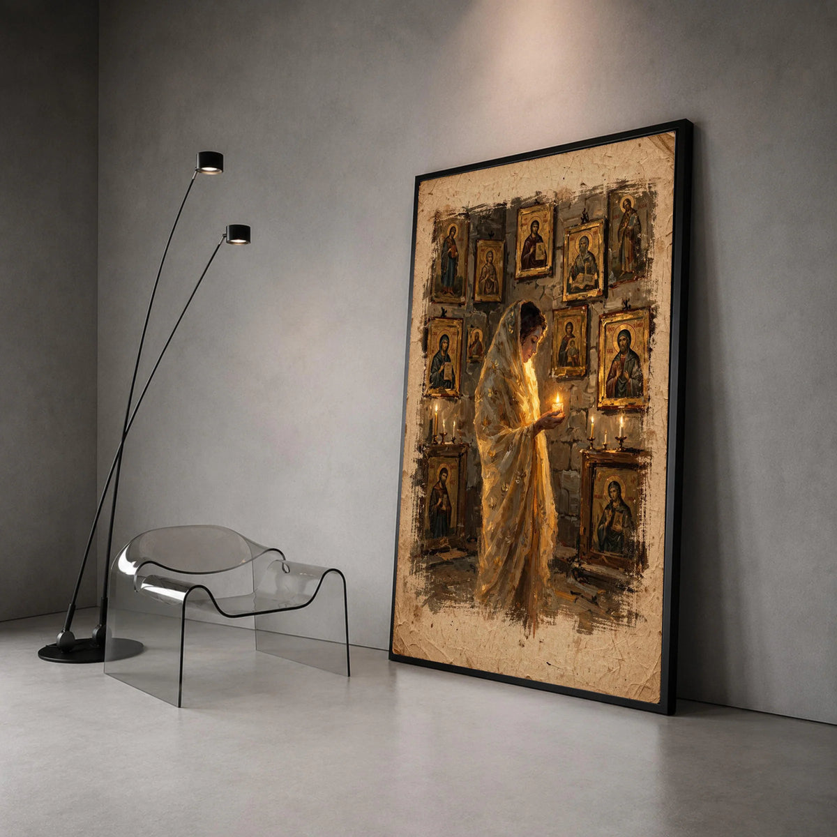 Woman Praying with Candlelight, Vintage Religious Icons Canvas, Spiritual Wall Art, Sacred Atmosphere Decoration, Home Canvas Print Art