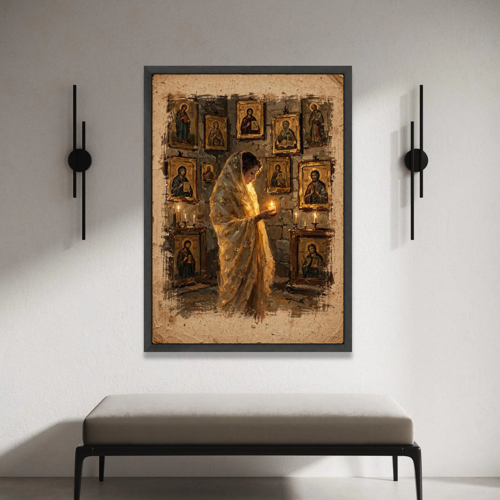 Woman Praying with Candlelight, Vintage Religious Icons Canvas, Spiritual Wall Art, Sacred Atmosphere Decoration, Home Canvas Print Art