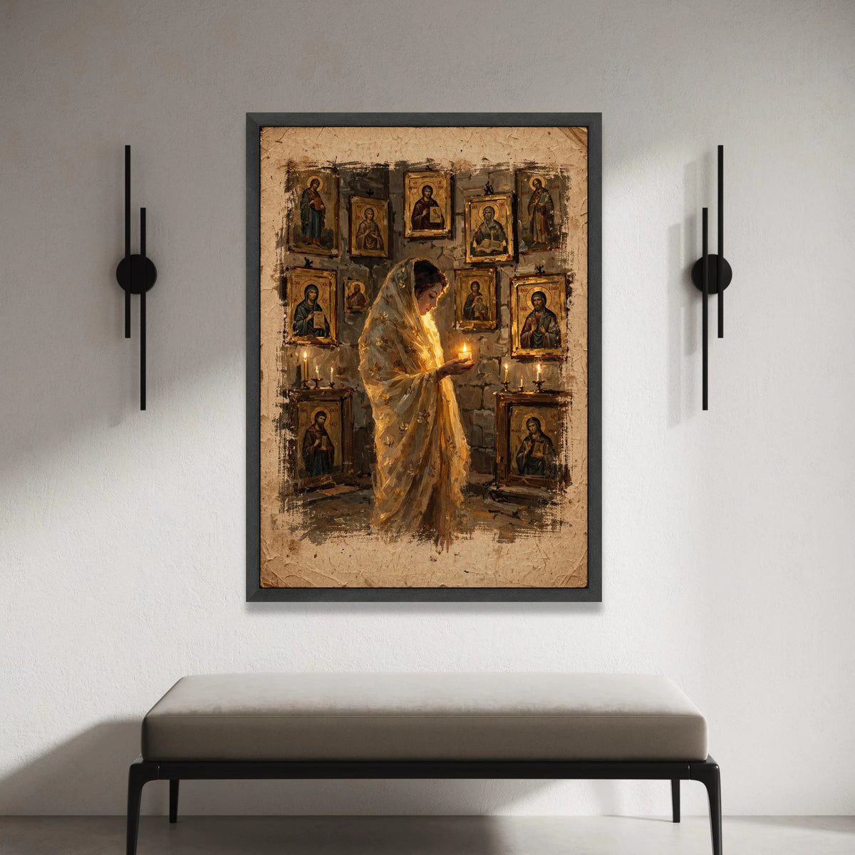 Woman Praying with Candlelight, Vintage Religious Icons Canvas, Spiritual Wall Art, Sacred Atmosphere Decoration, Home Canvas Print Art