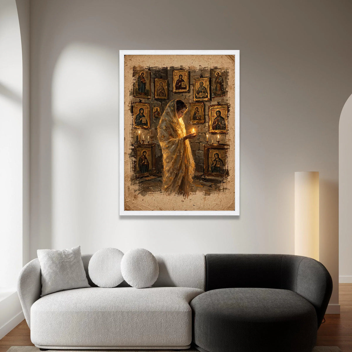 Woman Praying with Candlelight, Vintage Religious Icons Canvas, Spiritual Wall Art, Sacred Atmosphere Decoration, Home Canvas Print Art
