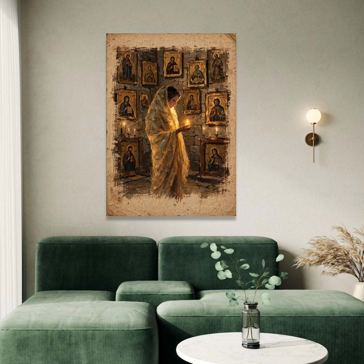 Woman Praying with Candlelight, Vintage Religious Icons Canvas, Spiritual Wall Art, Sacred Atmosphere Decoration, Home Canvas Print Art