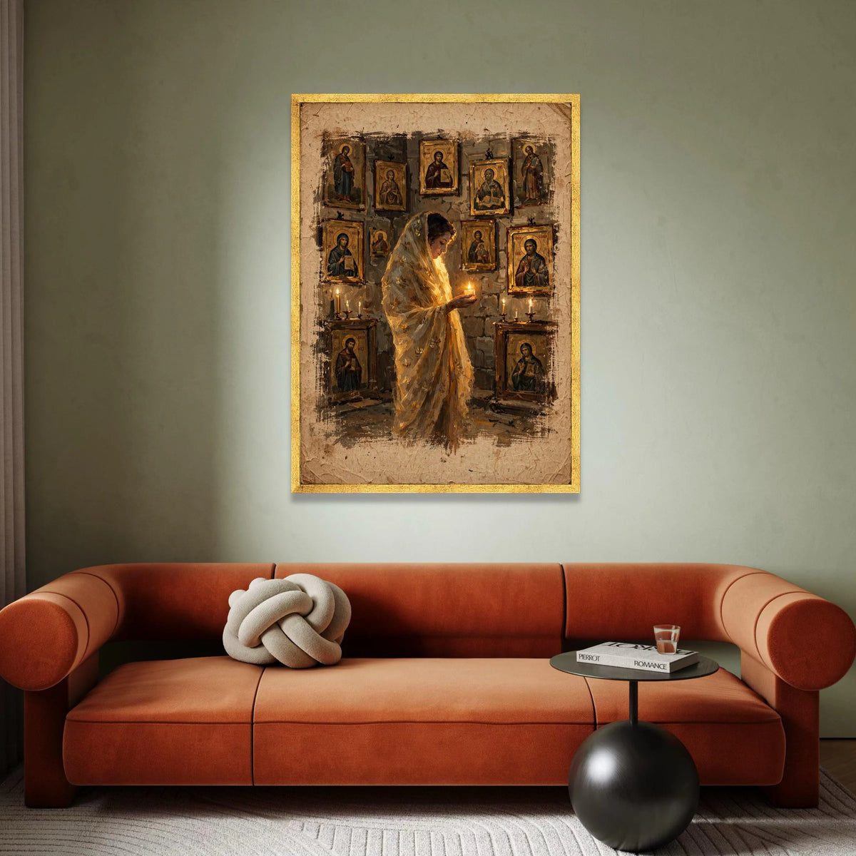 Woman Praying with Candlelight, Vintage Religious Icons Canvas, Spiritual Wall Art, Sacred Atmosphere Decoration, Home Canvas Print Art