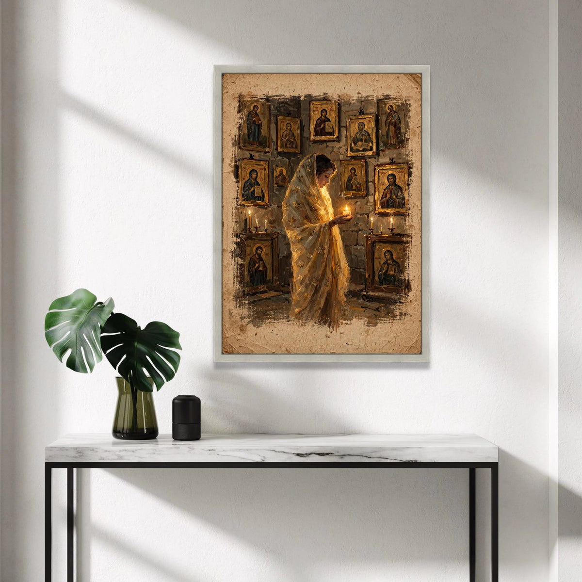 Woman Praying with Candlelight, Vintage Religious Icons Canvas, Spiritual Wall Art, Sacred Atmosphere Decoration, Home Canvas Print Art
