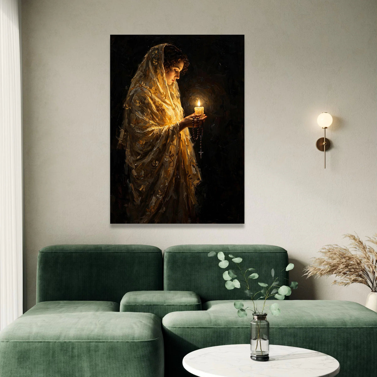 Reflective Woman Holding Candle Canvas, Spiritual Prayer Wall Art, Peaceful Mood Canvas, Religious Home Decor, Meditation Canvas Print Art