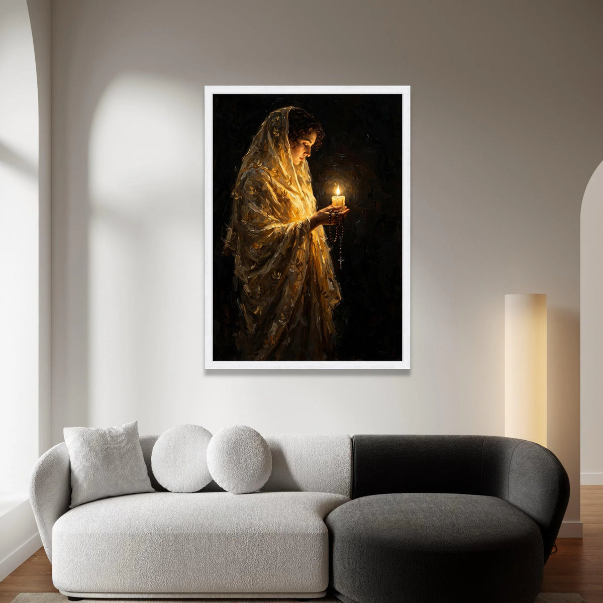 Reflective Woman Holding Candle Canvas, Spiritual Prayer Wall Art, Peaceful Mood Canvas, Religious Home Decor, Meditation Canvas Print Art