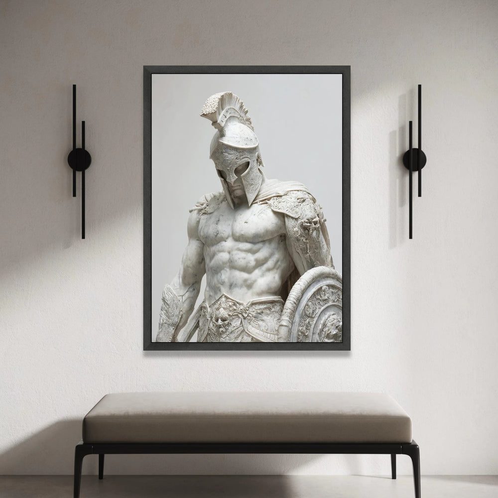 Ancient Warrior Sculpture Canvas, Spartan Gladiator Art, Heroic Armor Statue Wall Decor, Classical Mythology Canvas, Bold Canvas Print Art