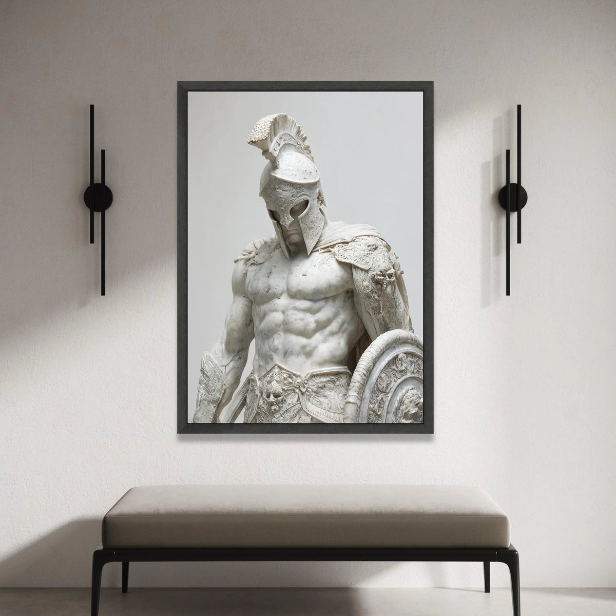 Ancient Warrior Sculpture Canvas, Spartan Gladiator Art, Heroic Armor Statue Wall Decor, Classical Mythology Canvas, Bold Canvas Print Art