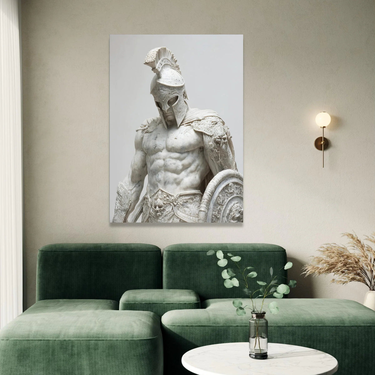 Ancient Warrior Sculpture Canvas, Spartan Gladiator Art, Heroic Armor Statue Wall Decor, Classical Mythology Canvas, Bold Canvas Print Art