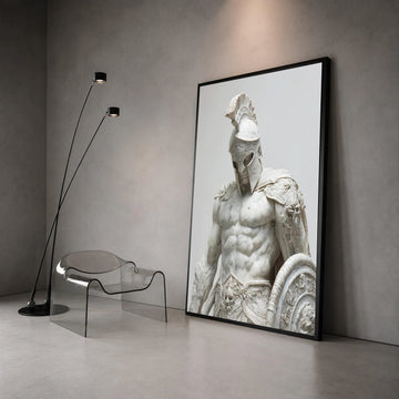 Ancient Warrior Sculpture Canvas, Spartan Gladiator Art, Heroic Armor Statue Wall Decor, Classical Mythology Canvas, Bold Canvas Print Art