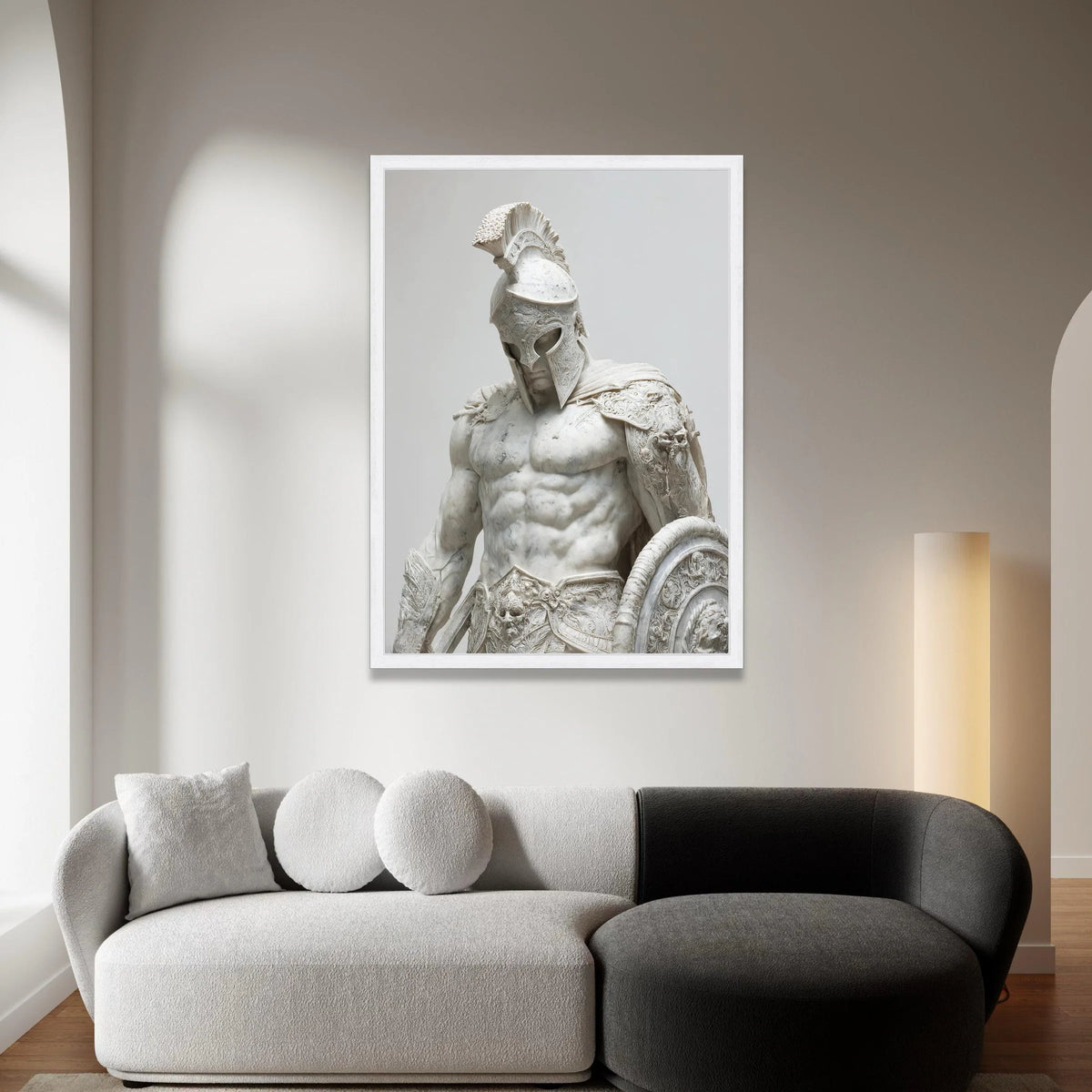 Ancient Warrior Sculpture Canvas, Spartan Gladiator Art, Heroic Armor Statue Wall Decor, Classical Mythology Canvas, Bold Canvas Print Art