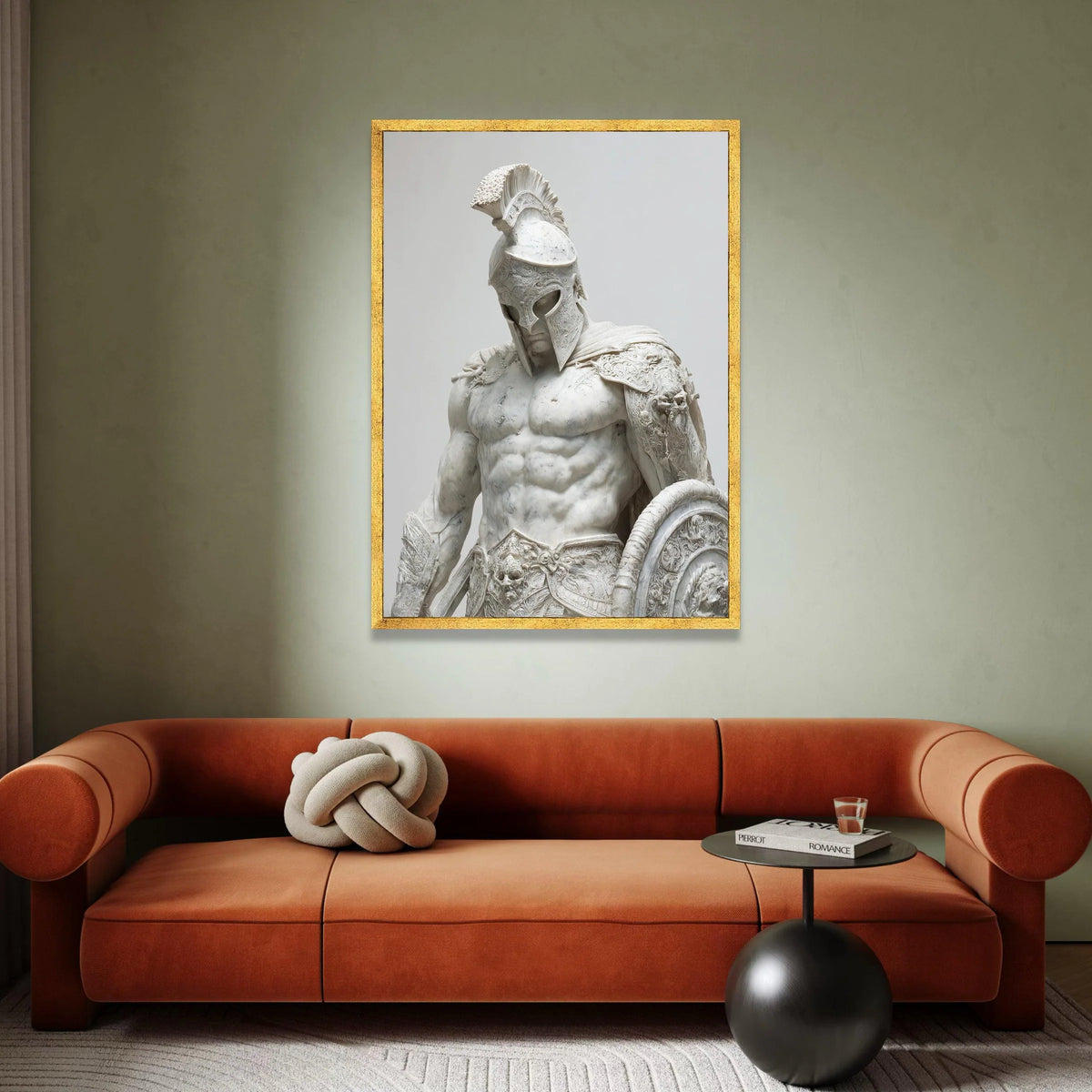 Ancient Warrior Sculpture Canvas, Spartan Gladiator Art, Heroic Armor Statue Wall Decor, Classical Mythology Canvas, Bold Canvas Print Art