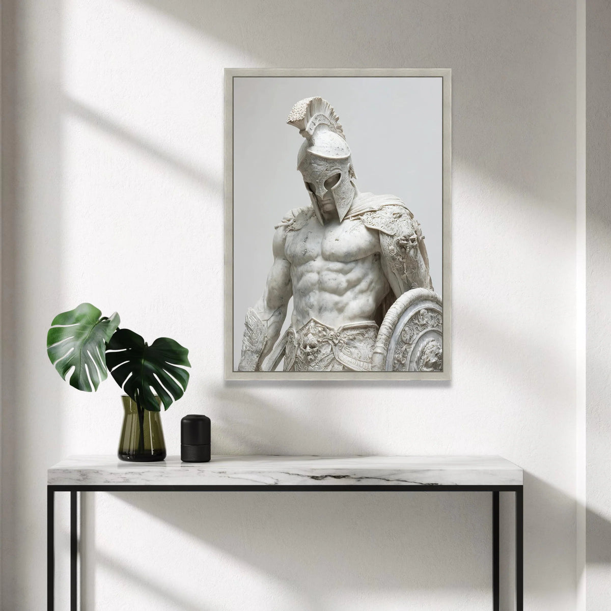 Ancient Warrior Sculpture Canvas, Spartan Gladiator Art, Heroic Armor Statue Wall Decor, Classical Mythology Canvas, Bold Canvas Print Art