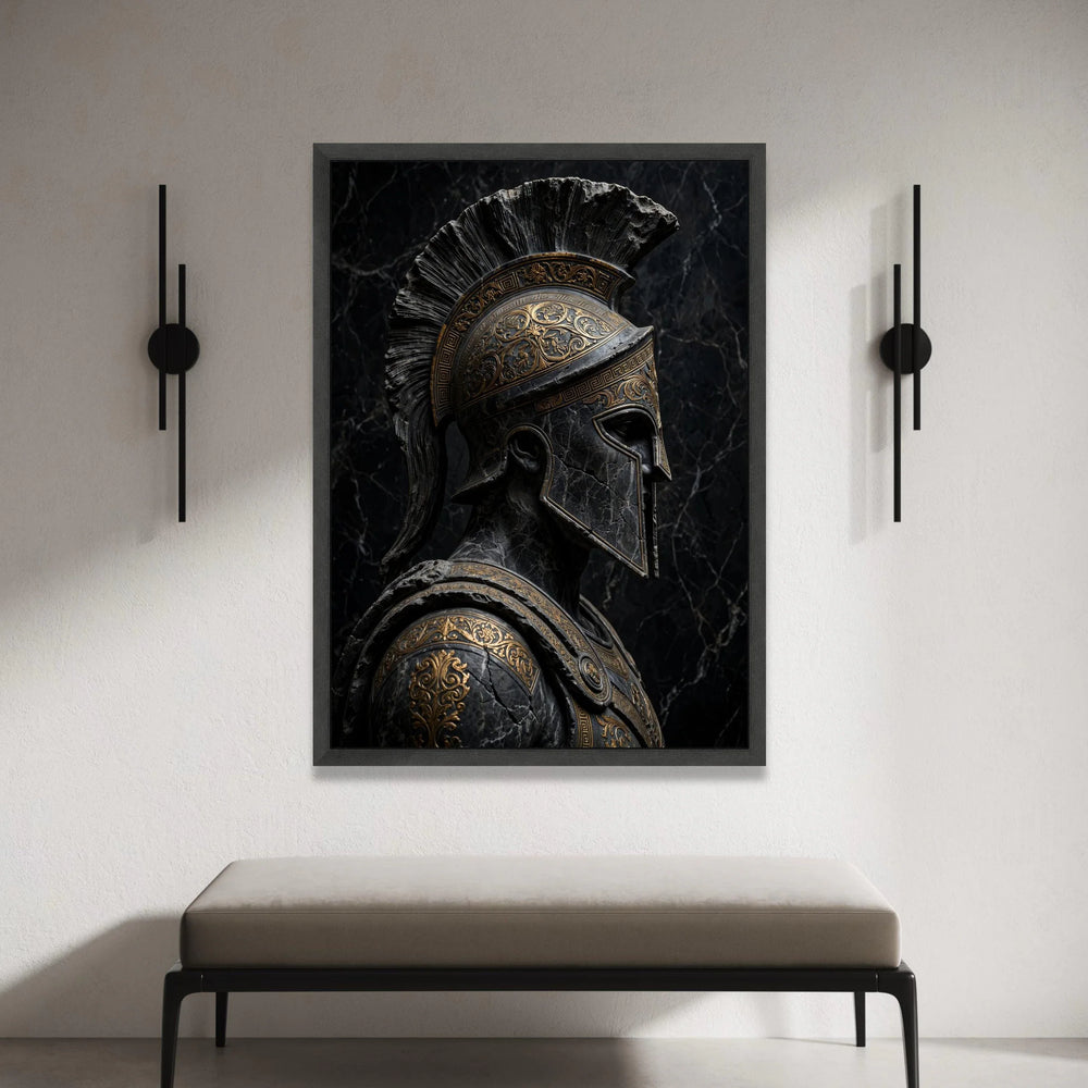 Ancient Spartan Warrior Helmet Canvas, Greek Armor Portrait, Historic Military Wall Art, Detailed Metalwork Design, Dark Canvas Print Art