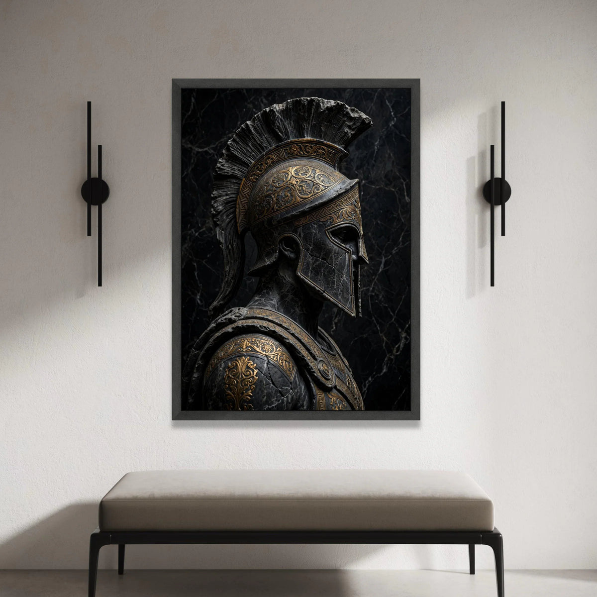 Ancient Spartan Warrior Helmet Canvas, Greek Armor Portrait, Historic Military Wall Art, Detailed Metalwork Design, Dark Canvas Print Art