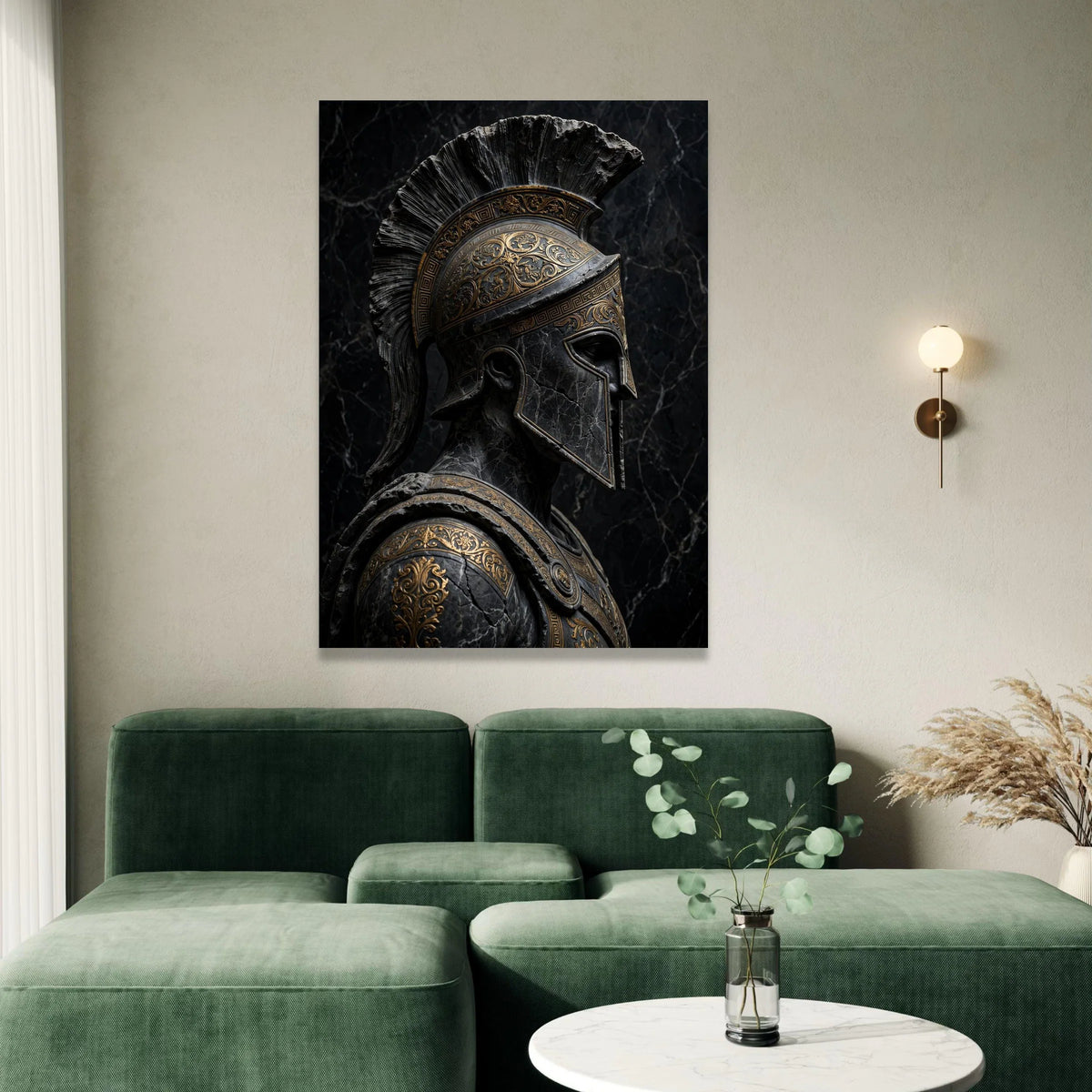 Ancient Spartan Warrior Helmet Canvas, Greek Armor Portrait, Historic Military Wall Art, Detailed Metalwork Design, Dark Canvas Print Art